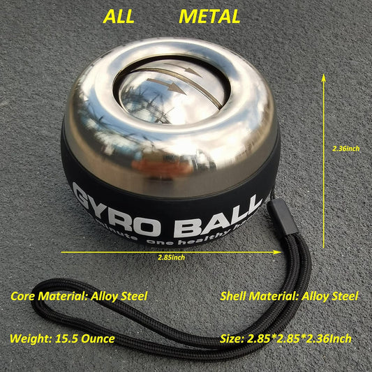 All-Metal Power Gyro Ball,Weighted Auto-Start Hand Wrist Forearm Trainer and Strengthener for Exercise Joint and Muscle with Ball Bag